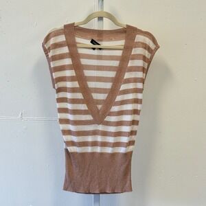 Bebe 2010s Rose Gold Metallic Striped Deep V-Neck Knit Top Sz Small Short Sleeve